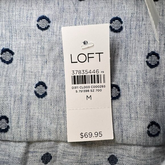 Loft Shirt Metallic Clip V Neck Pocket Popover Linen/Cotton Blend Blue Collared - Picture 7 of 10